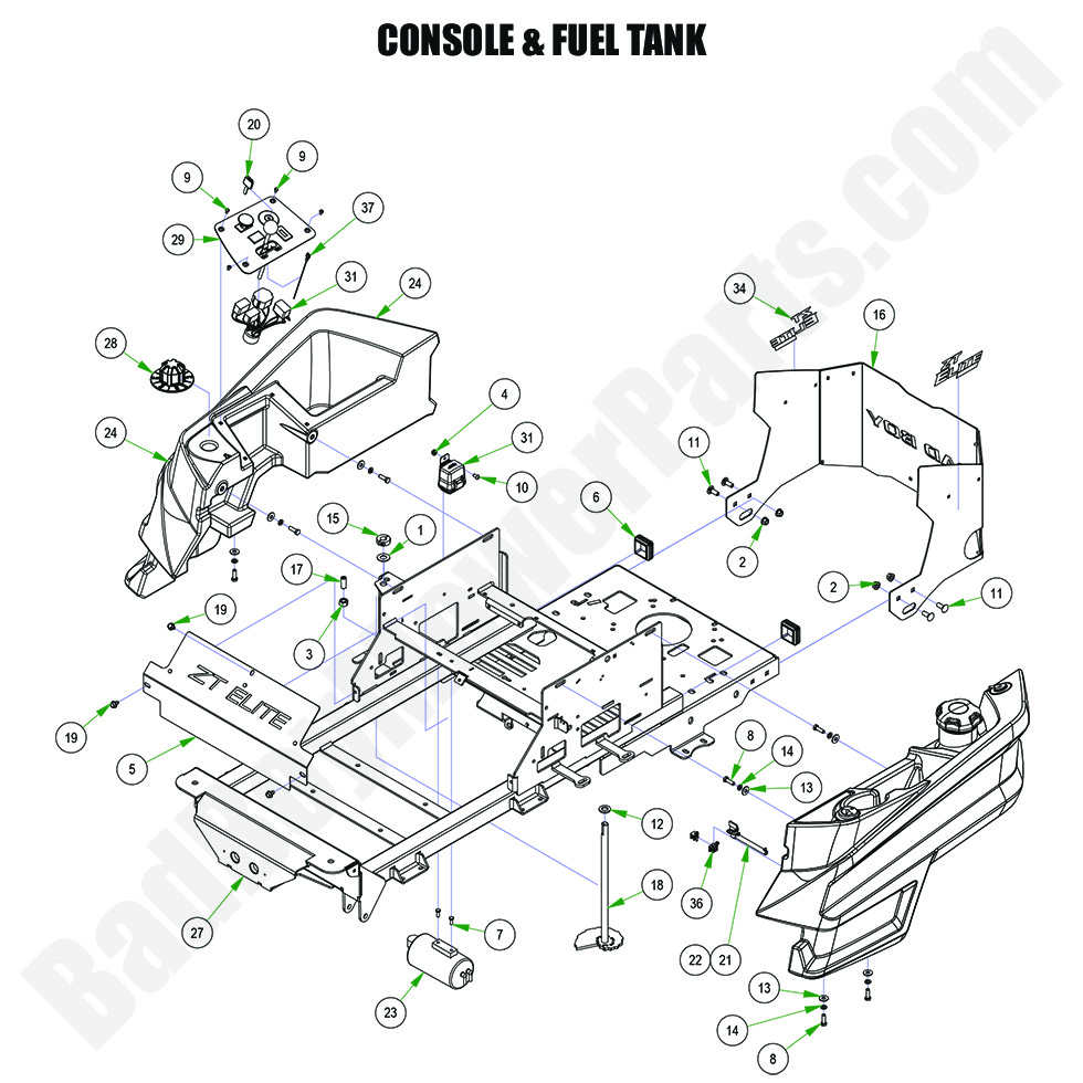 3654 - Bad Boy Mower Parts Lookup > 2024 > ZT Elite > Console & Fuel Tank